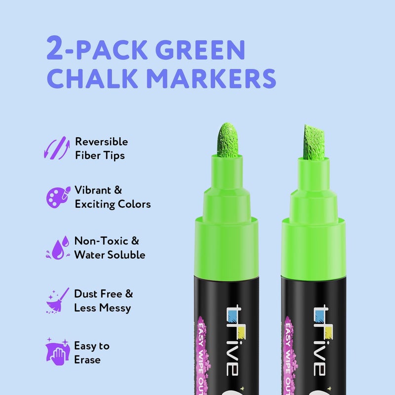 TFIVE Green Chalk Markers - Dry & Wet Erase Marker Pens for Chalkboards, Signs, Windows, Blackboard, Glass, Mirrors, Liquid chalkboard markers with Reversible Tip (2Pack) TF900 - Image 2